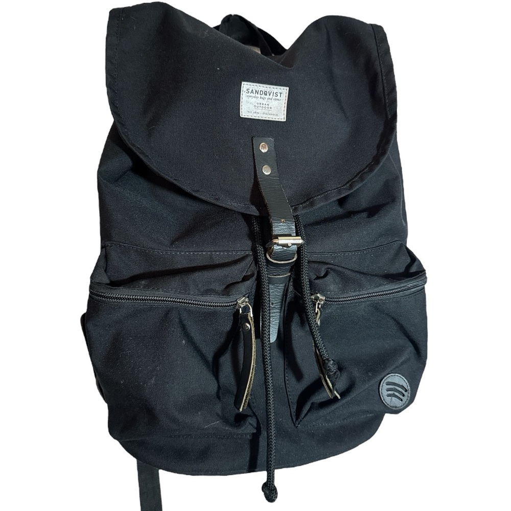 Sandqvist Black Canvas Backpack with Front Zip Pockets